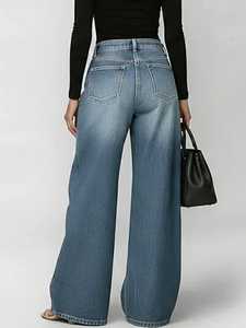 Jean taille haute à jambe large, longueur intégrale, en denim bleu uni, style décontracté avec découpes, délavé, en coton tissé, pantalon pour femme - Product Image 5