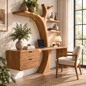 Escritorio de Madera Contemporáneo de Lujo, Hecho a Mano, para Montar en la Pared, con Estantes en Forma de Árbol y Cajón, para Oficina en Casa - Product Image 6