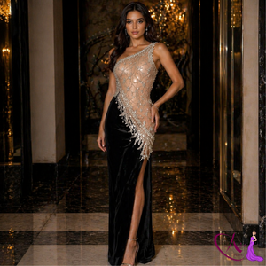 Robe de soirée sirène à une épaule |   Robe longue moulante de luxe brodée de perles avec fente haute, tenue de soirée élégante de créateur - Product Image 1