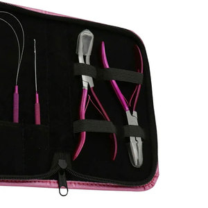 Kit d'extension de cheveux en acier inoxydable avec étiquette personnalisée, micro-anneaux rose vif, perles, pinces et outils d'application à boucle. - Product Image 6