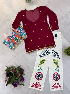 Women's Red Ethnic Cotton Digital <b>Printed</b> Embroidered <b>White</b> <b>Palazzo</b> Pants Loose Fit Casual Wear India Pakistan Style All Seasons - Product Image 2