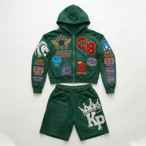 Conjuntos de Sudadera con Capucha y Pantalones Cortos de Forro Polar Grueso de Secado Rápido con Estampado Personalizado, Estilo Urbano, Efecto Desgastado por el Sol, con Cremallera, para Hombre - Product Image 1