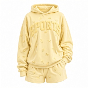 Ensemble sweat à capuche et short brodés de fleurs jaunes pour femme, coupe ample, tenue de sport décontractée deux pièces pour l'hiver - Product Image 3