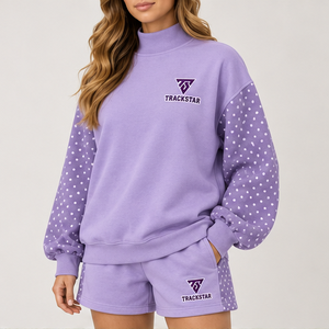 Ensemble 2 pièces pour femme en molleton lavande à pois, col montant, sweat-shirt à épaules tombantes et short assorti, vente en gros personnalisée - Product Image 3
