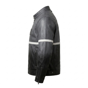 Blouson en cuir noir pour homme avec rayures crème sur la poitrine, col à boutons-pression, style motard, en cuir de vachette véritable, vente en gros, exportateur d'usine - Product Image 4