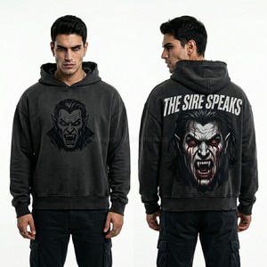 Custom Slate Blue Acid Wash Hoodie Men Oversized Streetwear Pullover Heavy Cotton Fleece Gothic Graphic Print Hooded Sweatshirt - Product Image 6