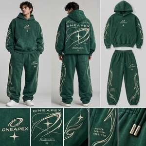 Conjunto de Sudadera con Capucha y Pantalones Jogger Oversize para Hombre, Verde con Lavado Ácido, de Algodón Pesado, Estilo Urbano, Ropa Deportiva a Juego, Prendas Personalizadas - Product Image 4