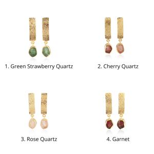 Pendientes de gota con granate natural sin tallar y cuarzo rosa, chapados en oro de 18k, de latón texturizado, para mujer. - Product Image 2