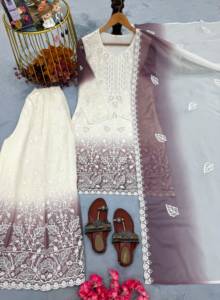 Salwar Kameez traditionnel blanc et violet brodé en coton pour femme, coupe ample, longueur au sol, tenue décontractée, style Inde Pakistan - Product Image 5
