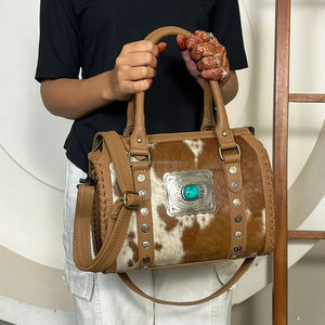 2026 March Expo Western Hair On Cowhide Leather Women Speedy Duffel Bag With Concho Tooled Leather Large Capacity Travel Handbag - Product Image 5