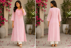 Kurta de Algodón Rosa Pálido con Bordado Chikankari para Mujer, Compre Directamente del Proveedor - Product Image 3