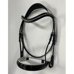 Bridon d'anglaise en cuir verni noir avec frontal à cristaux ondulés, rembourrage blanc et ferrures en acier inoxydable, équipement équestre disponible en 4 tailles (LLT) - Product Image 1