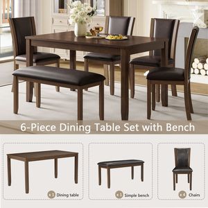 6 pezzi fattoria stile rustico tavolo da pranzo Set panca in legno sedie per 6 persone noce scuro finitura per cucina e sala da pranzo - Product Image 6
