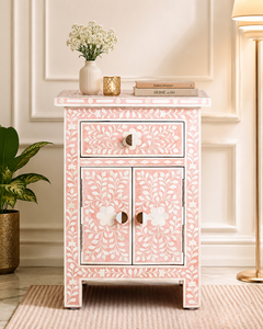 Pink Bone Inlay Wood Side <b>Table</b> Storage Ottoman Floral Pattern <b>Bedside</b> Cabinet Hand Finished Accent <b>Stool</b> - Product Image 1