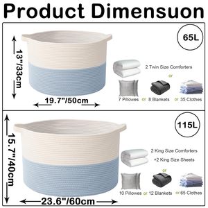 65L <b>Large</b> Woven Cotton Rope Nursery <b>Basket</b>, Laundry <b>Basket</b> Laundry Hamper with Handles,Blanket <b>Basket</b> <b>Storage</b> Bin - Product Image 4