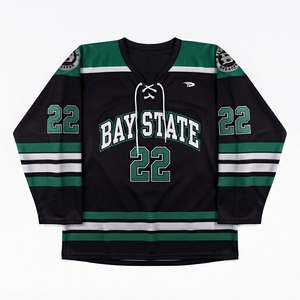 Maillot de hockey sur glace Bay State pour homme, noir et vert, en maille sublimée, manches longues, col en V, respirant, vêtements de sport pour adultes - Product Image 1