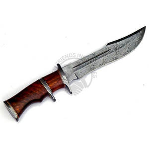 Couteau de chasse à lame fixe en acier de Damas avec fourreau en bois, couteau Bowie ultra-affûté pour le camping et la survie en extérieur, vente en gros - Product Image 1