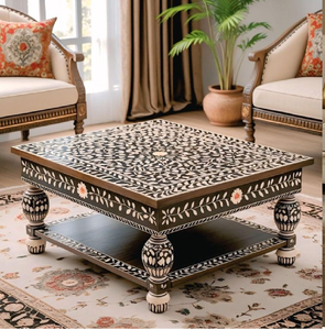 Mesa auxiliar escalonada con incrustaciones de hueso disponible a precios de mayorista, incluye una superficie negra con artesanía floral de nácar. - Product Image 6