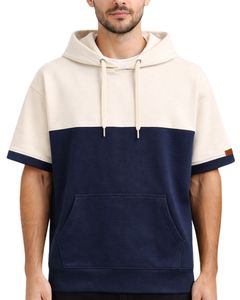 Camiseta con capucha de manga corta personalizada para hombre, azul marino y con bloques de color, sudadera informal con capucha, mezcla de algodón suave, ropa de verano - Product Image 1