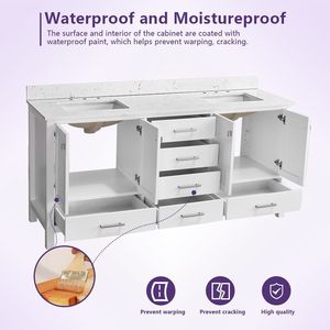 Mobile bagno bianco da 72 pollici con doppio lavabo sottopiano e elegante mobiletto contenitore con piano superiore - Product Image 5