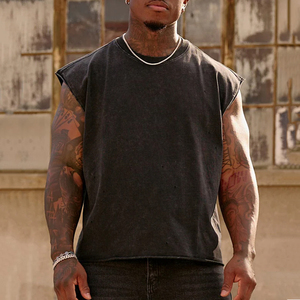220GSM Cotton <b>Men's</b> Custom Subtle Acid Wash <b>Cropped</b> Tank <b>Top</b> Raw Bottom Hem Sleeveless Tees - Product Image 2