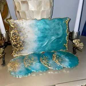 Royal Blue and White Resin Serving Tray Set with 6 <b>Coasters</b> Gold Foil Accents Luxury <b>Agate</b> Style Platter and Drink Mat Set - Product Image 6