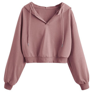 Women's Cropped Hoodie Casual Long Sleeve Solid Color Hooded Sweatshirt Breathable Knitted Cotton <b>Crop</b> <b>Top</b> for Autumn - Product Image 4