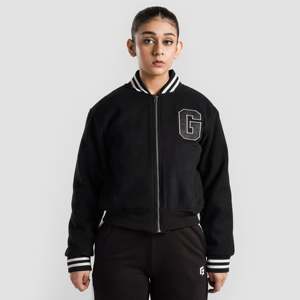 Veste universitaire noire pour femme avec bordure blanche, fermeture éclair, logo sur le devant, coupe classique, manches longues, polyester tissé, idéale pour l'automne - Product Image 1