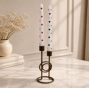 Dual Ring Brass <b>Candlestick</b> Holder with Red and <b>Black</b> Heart Taper Candles for Valentine's Day Home Decoration - Product Image 1