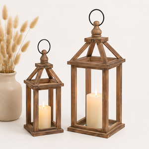 <b>Set</b> of 2 Farmhouse Wood Candle <b>Lanterns</b> Rustic Brown Decorative Wooden Candle Holders for Table And Outdoor Garden Decor - Product Image 2