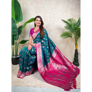 Sari en soie tissée Banarasi Jaal Zari vert, vêtements indiens et pakistanais - Product Image 3