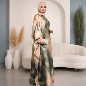 Kaftán Abaya de Poliéster Satinado con Degradado Teal de Lujo para Mujer, Vestido Maxi Islámico Elegante y Modesto, Largo hasta el Tobillo, Corte Holgado, Jacquard Floral - Product Image 5