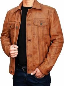 Veste en cuir d'agneau véritable de style vintage pour homme, marron, style trucker classique - Product Image 2