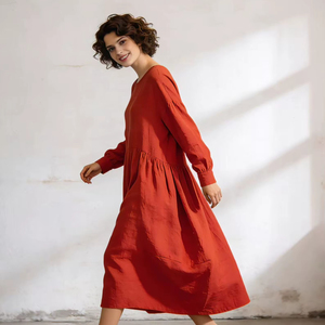 <b>Boho</b> Ladies Solid Red Loose Cotton <b>Dress</b> <b>Long</b> Sleeve Round Neck Casual Everyday Maxi <b>Dress</b> - Product Image 1