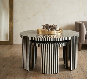 Table basse moderne contemporaine en os incrusté avec détails en agate, tables gigognes rondes en bois pour salon, mobilier de villa - Product Image 1