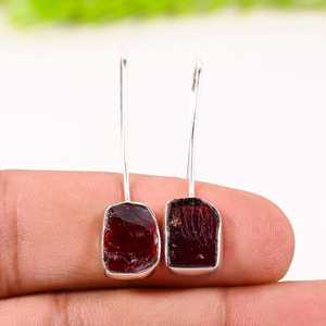 Handmade Raw Garnet <b>Earrings</b> <b>Sterling</b> <b>Silver</b> Boho Gemstone <b>Drop</b> <b>Earrings</b> - Product Image 2