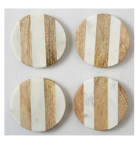 Marble Acacia Wood Coaster Mats Pads Premium Quality Stone Marble Coaster Mats Non-Slip Stone <b>Table</b> Pads Set - Product Image 3