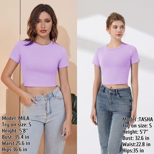 Women's <b>Purple</b> Crop Top Short Sleeve Crew Neck Knitted Casual T-Shirt Slim Fit Solid Color Breathable Spring Summer Wear - Product Image 4