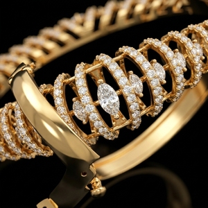 Intricate Wide Dome Cage <b>Bangle</b> <b>Bracelet</b> Marquise Cut Lab Grown Diamonds Gold Plated Women's Engagement Gift Unique Daily Wear - Product Image 4