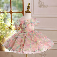 Vestido de niña de las flores de lujo con encaje de tul, diseño floral 3D colorido, estilo princesa, hasta la rodilla, mangas abullonadas, accesorio de velo y forro de satén