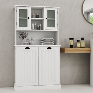 Mobiletto Alto da Bagno Bianco a Due Scomparti con Cesto per Biancheria Sporca Ribaltabile e 2 Ripiani Regolabili - Product Image 3