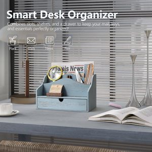 Vintage Wooden Desk Organizer with <b>Drawer</b> Multi Tiered Wood Mail Sorter Pen Holder <b>Storage</b> <b>Box</b> For Office Supply Wholesale - Product Image 4