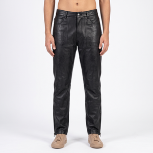 Pantalon en cuir véritable pour homme, sur mesure, marque privée OEM, style vintage, en peau de mouton noire, coupe droite, streetwear - Product Image 1