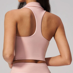 <b>Ladies</b> Cross Back Custom Sleeveless Ribbed Bottom <b>Polo</b> Collar Gym Wear Workout Casual Crop T-Shirt Yoga Wear Plain <b>Top</b> - Product Image 2
