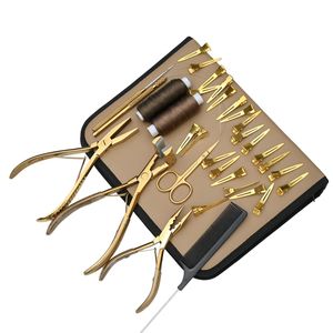 Kit d'outils pour extensions capillaires : Pince à sertir plate à 3 trous pour extensions adhésives, Outil de tirage à boucle, Ciseaux à couper les fils, Peigne à queue de rat, Pinces - Product Image 1