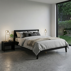 Minimalist Upholstered <b>Bed</b> Queen Size Black Wood <b>Frame</b> Fabric Soft <b>Bed</b> Design - Product Image 1