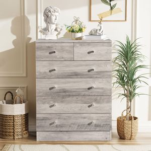 Comò Moderno Semplice a 6 Cassetti in Legno Massello Grigio con MDF, Quercia e Acciaio per Casa, Appartamento, Soggiorno, Seminterrato, Hotel - Product Image 1