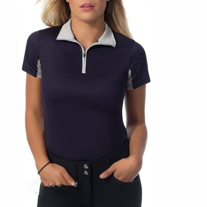Women's Slim Fit Moisture Wicking Breathable Spandex Equestrian Riding T-Shirt Short Sleeve Zipper Closure Solid Navy Gray Panel - Product Image 1