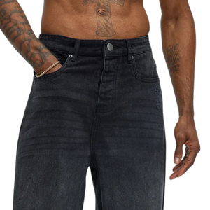 Jean droit déchiré noir pour homme, coupe décontractée, en denim délavé, style streetwear, avec détails de déchirures aux genoux, vintage moderne - Product Image 3