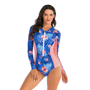 Women One Piece Long Sleeve Swimsuit Floral Print Zip Front Rash Guard UV Protection Swimwear Beachwear - Product Image 1